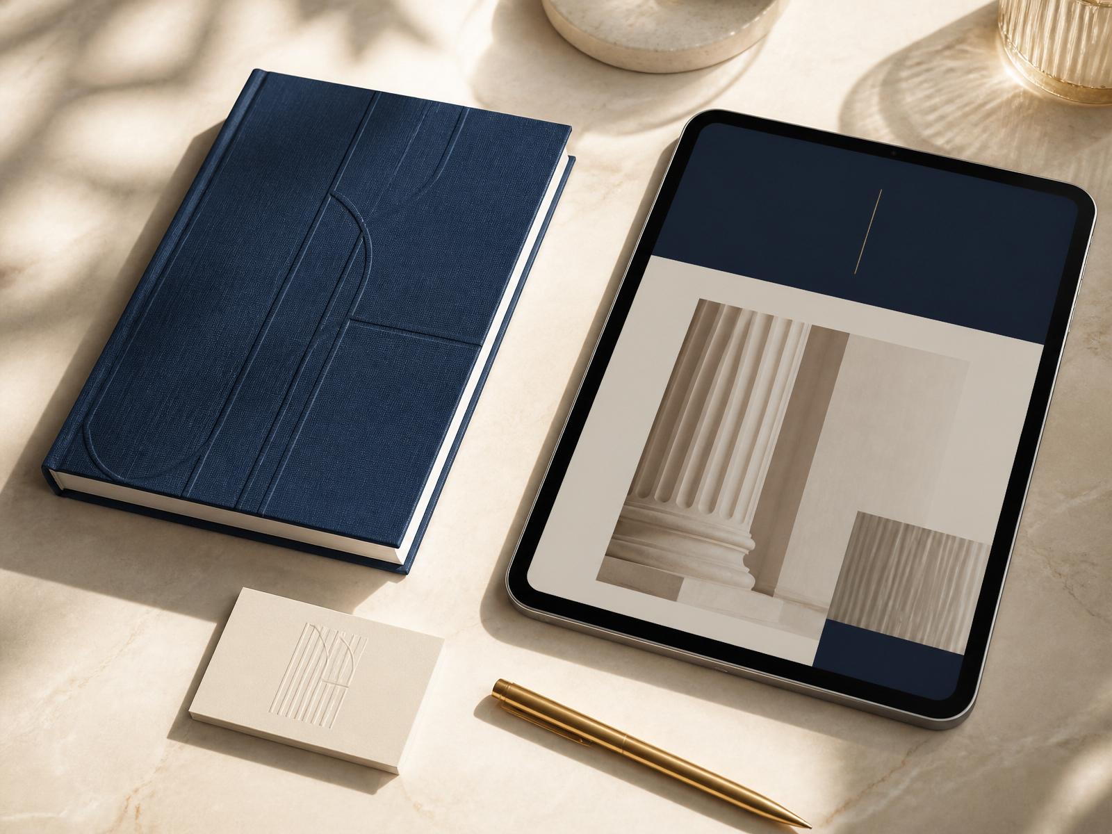 Premium digital products and brand materials arranged on a marble surface