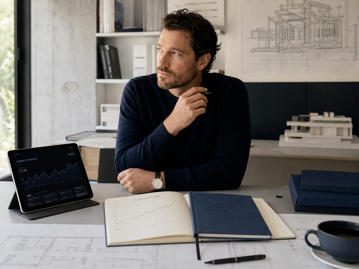 Creator at a desk with audience growth charts and blueprints, building the commercial back-end